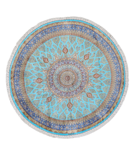 Persian  Tabriz HandKnotted Turquoise Round  Rug featured #6158490140842 