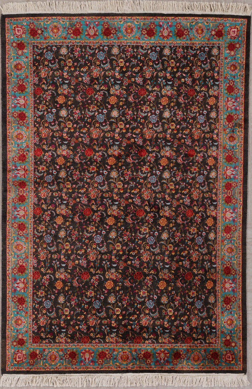 Fine Silk on Silk Kashmir Floral Fine Rug