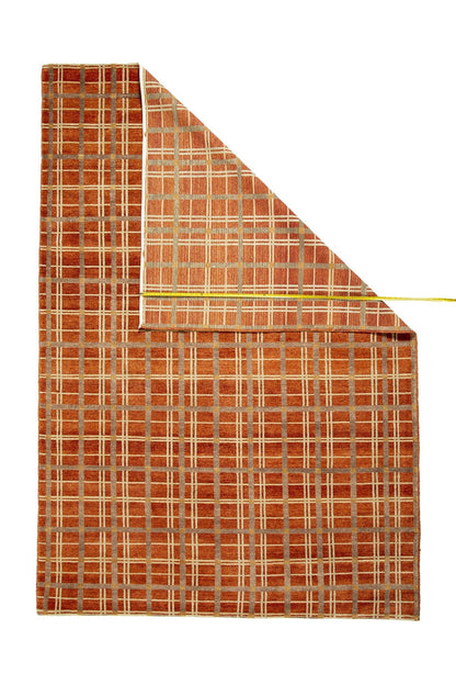 Hand-Knotted Nepal Contemporary Wool & Silk Orange Area Rug With Geometric Design-id3
