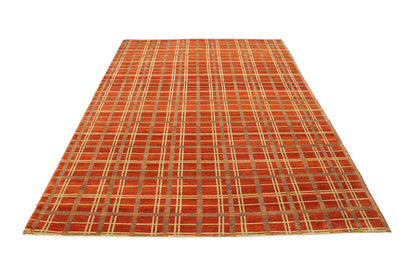 Hand-Knotted Nepal Contemporary Wool & Silk Orange Area Rug With Geometric Design-id4
