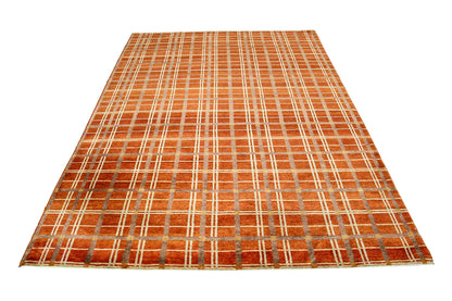 Hand-Knotted Nepal Contemporary Wool & Silk Orange Area Rug With Geometric Design-id5

