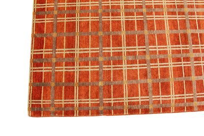Hand-Knotted Nepal Contemporary Wool & Silk Orange Area Rug With Geometric Design-id6
