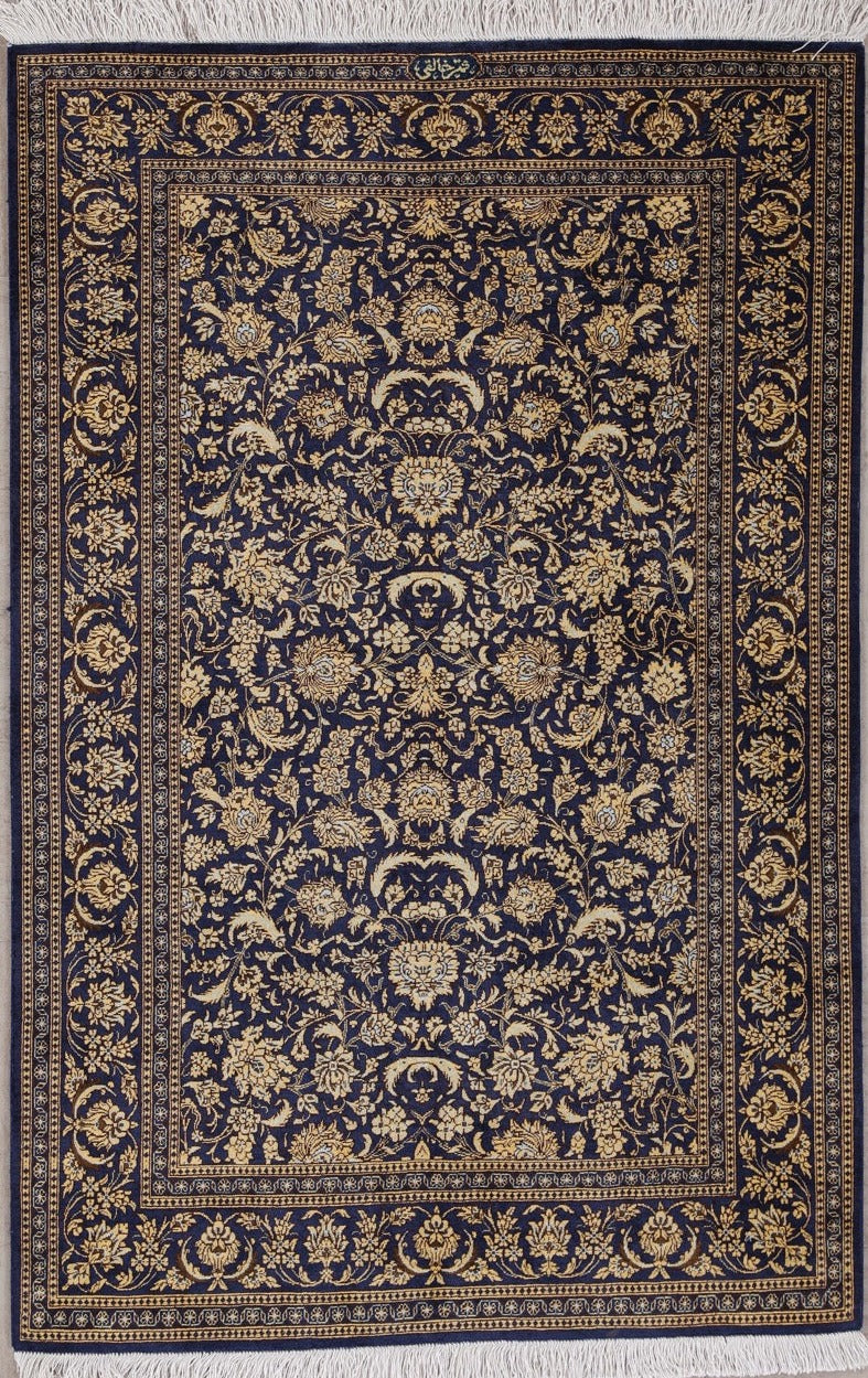 Traditional Hand-Knotted Fine Persian Qom Pure Silk Rug