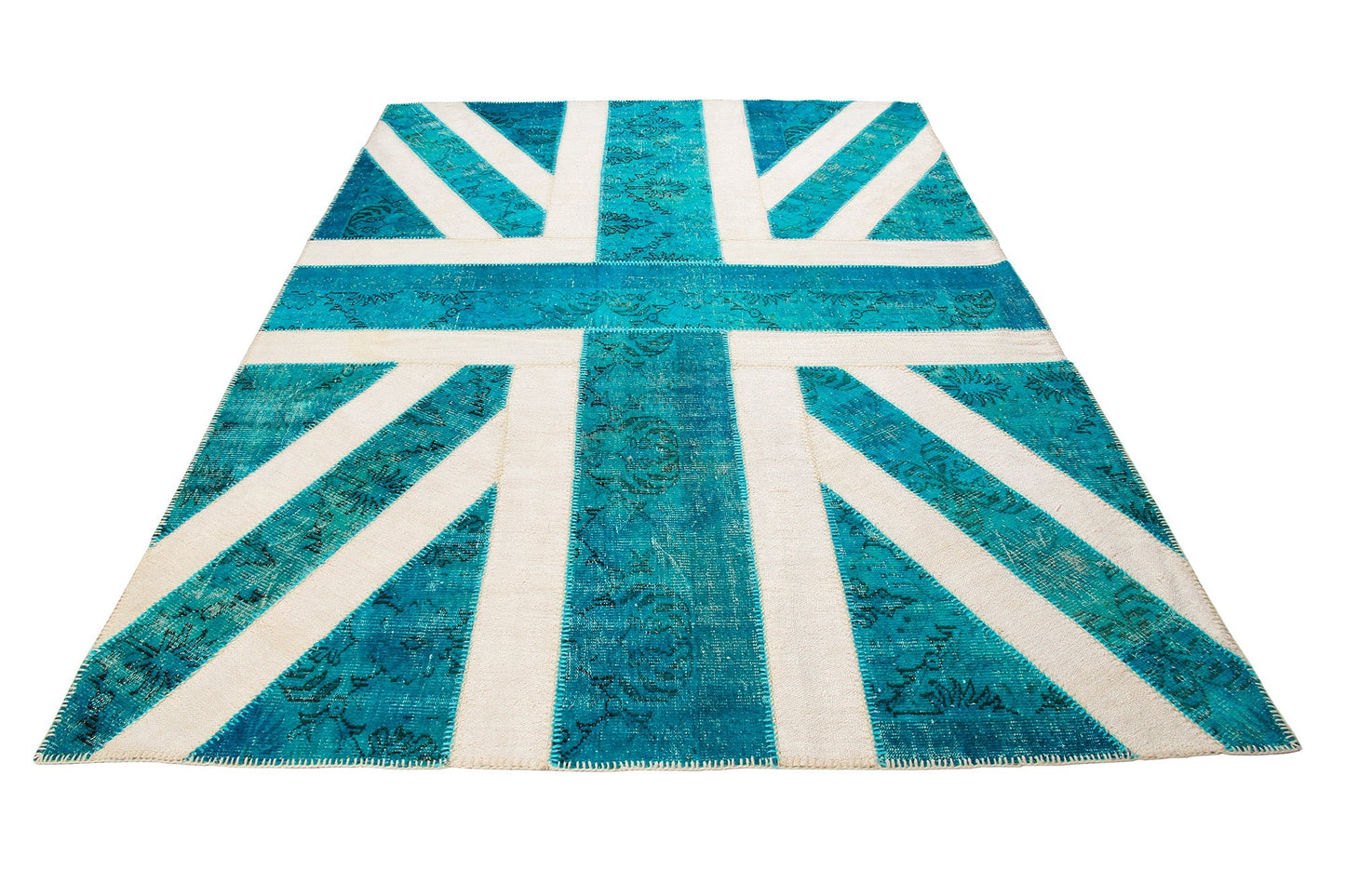 Vintage Turquoise Union Jack Turkish Area Rug