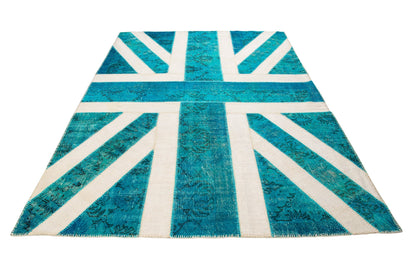 Vintage Turquoise Union Jack Turkish Area Rug