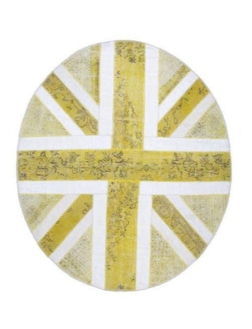 Vintage Yellow Patchwork  Turkish Wool Oval Union Jack Rug Carpet