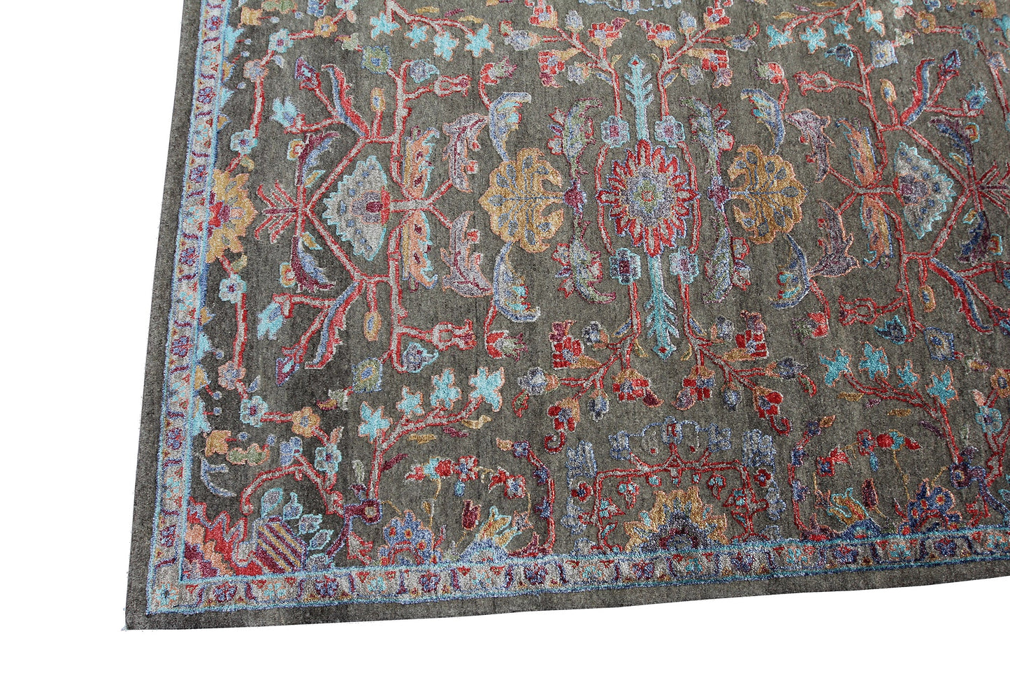 Modern Fine Hand-Knotted Wool & Silk Indian Carpet