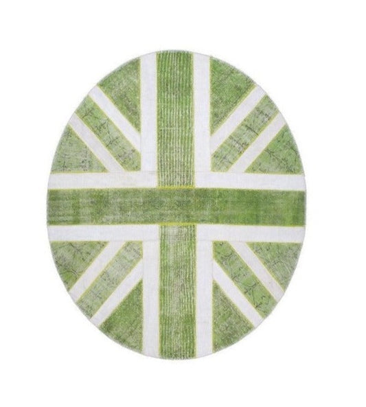Vintage Green Wool Patchwork Oval Turkish Rug