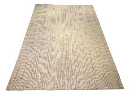 Hand-Knotted Moroccan fine wool and silk rug light brown and ivory with striped pattern-id5
