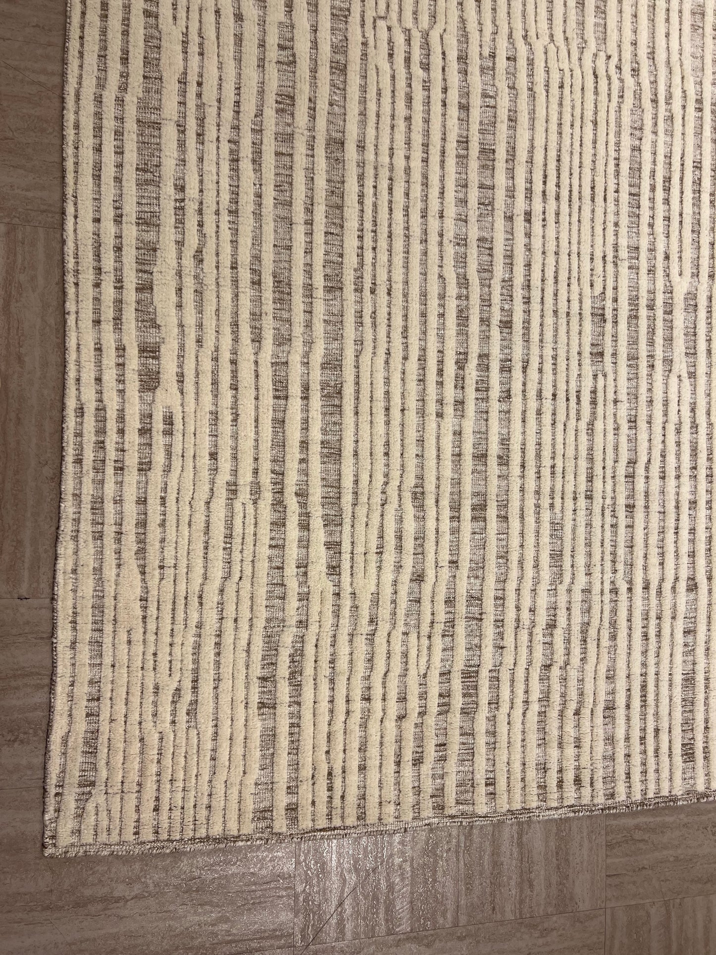 Hand-Knotted Moroccan fine wool and silk rug light brown and ivory with striped pattern product image #28290596634794