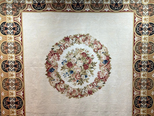 Handmade Semi Antique China Aubusson Fine Floral Medallion Tapestry