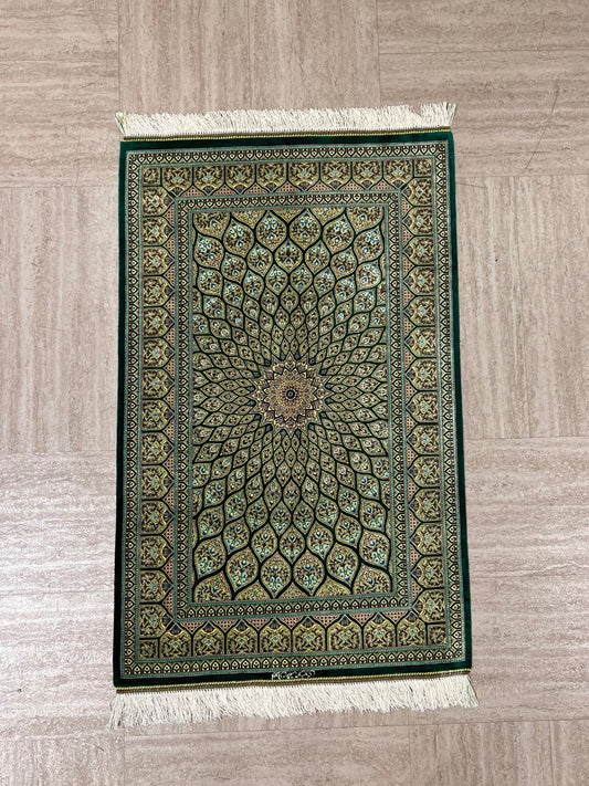 Persian Gonbad Qom Green Silk Rug