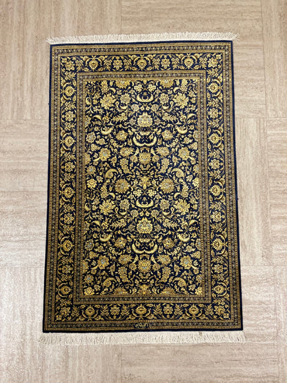 Gold Blue Hand-Woven Traditional Persian Silk Qom Rug