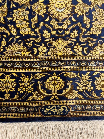 Gold Blue Hand-Woven Traditional Persian Silk Qom Rug