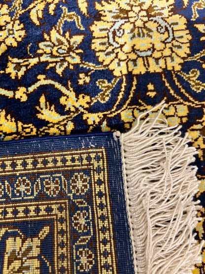 Gold Blue Hand-Woven Traditional Persian Silk Qom Rug