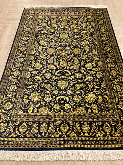 Gold Blue Hand-Woven Traditional Persian Silk Qom Rug