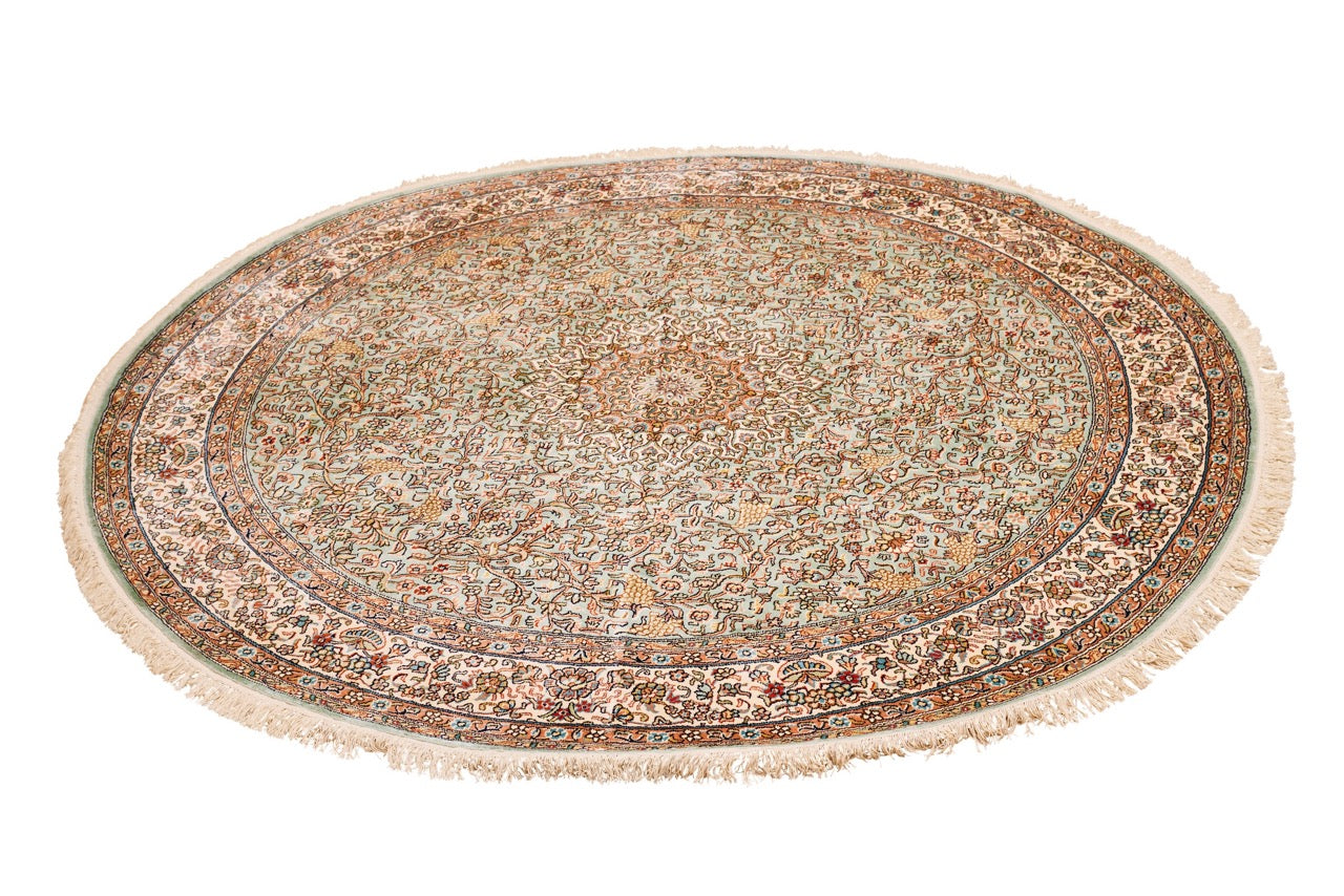Indian Handmade Kashmir Traditional Pure Silk Round Rug